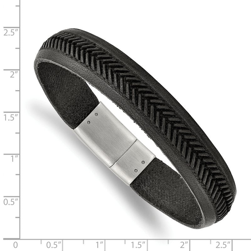 Stainless Steel Polished Textured Black Italian Leather 8.75 inch Bracelet