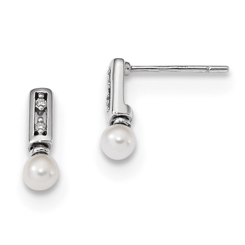 14k White Gold 3-4mm White Round Freshwater Cultured Pearl and .02 carat Diamond Bar Post Earrings