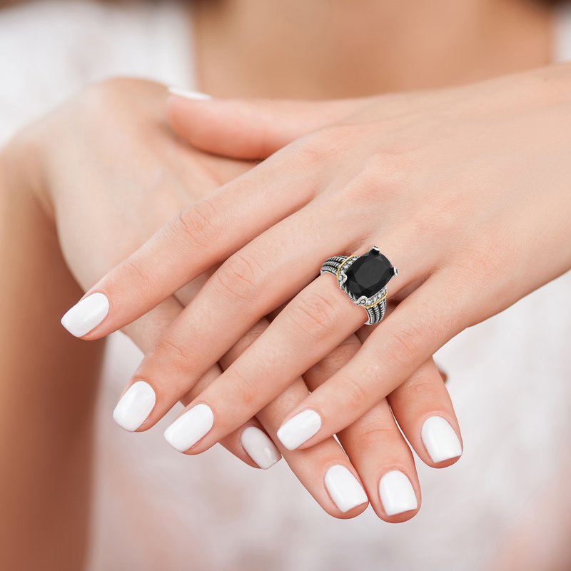 Sterling Silver with 14K Accent Antiqued Black Onyx and White Diamond Ring