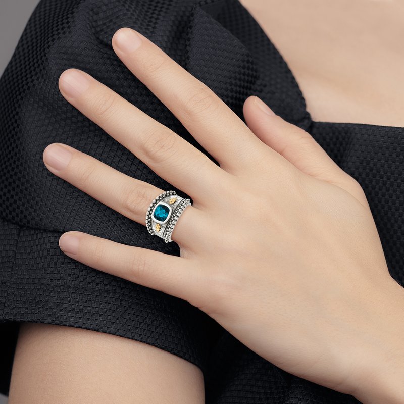 Sterling Silver with 14K Accent Antiqued Checkerboard Cushion London Blue Topaz Ring