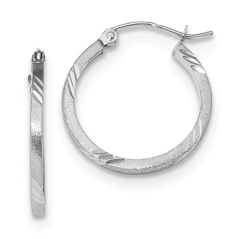 14k White Gold Satin Diamond-cut Square Tube Hoop Earrings