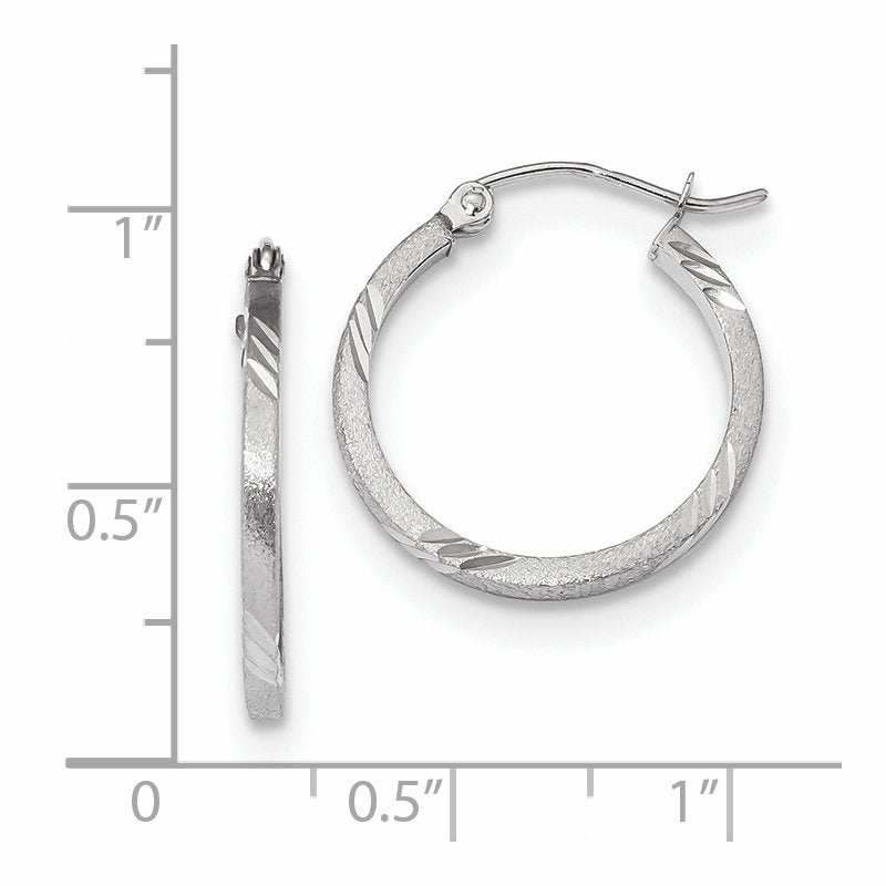 14k White Gold Satin Diamond-cut Square Tube Hoop Earrings