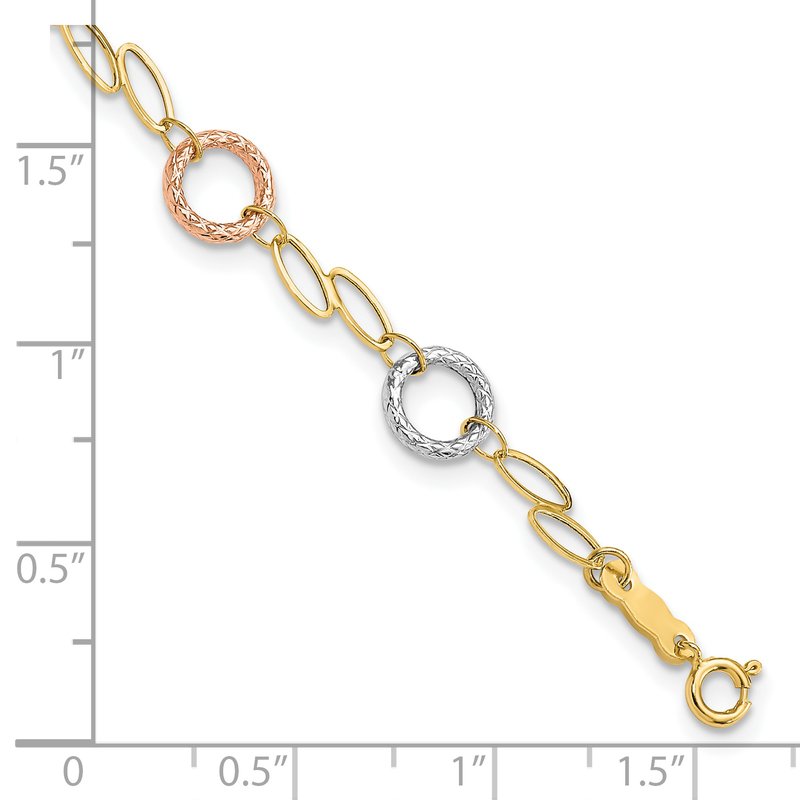 14k Tri-color Polished and Textured Round Circles and Ovals 18 inch Necklace