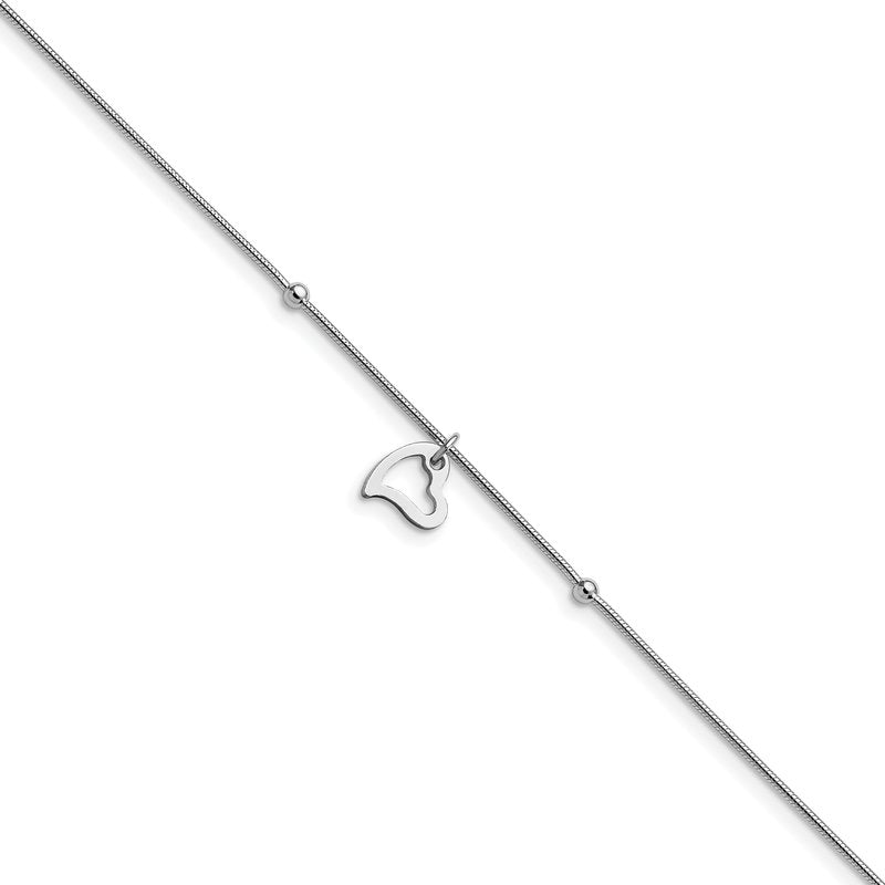 Sterling Silver Rhodium-plated Heart Dangle 9 inch Plus 1 inch Extender - Total 10 inch Anklet