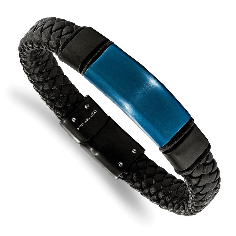Stainless Steel Polished Black and Blue IP-plated Braided Black Leather with Silicone 8.25 inch ID Bracelet