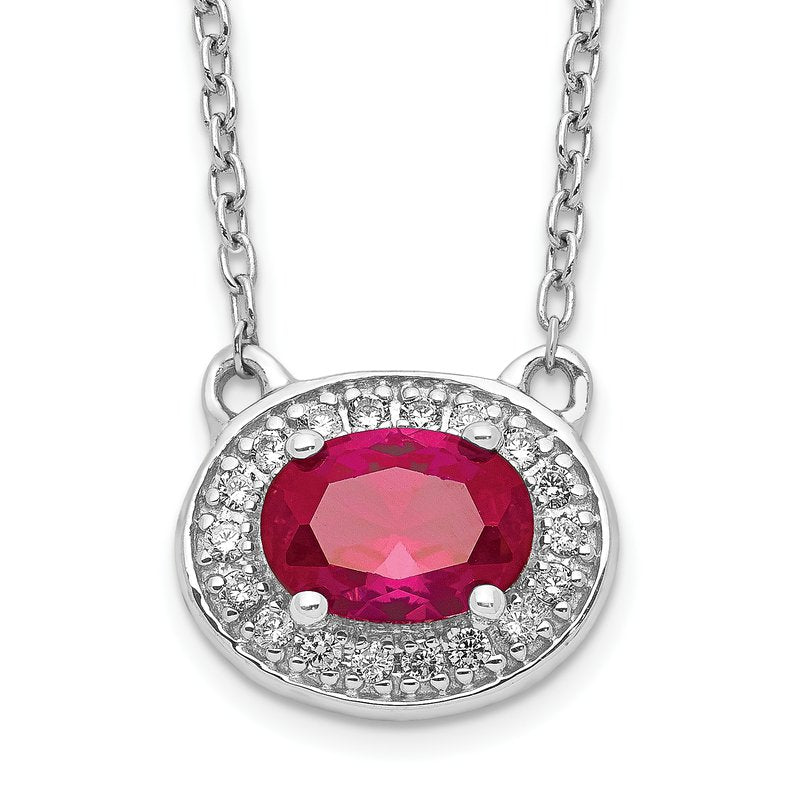 14k White Gold Diamond and 6x4mm Oval Ruby Halo East-West 18 inch Necklace