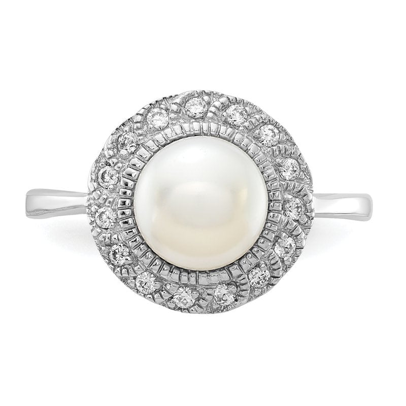 Sterling Silver Rhodium-plated Freshwater Cultured Pearl and Brilliant-cut CZ Ring