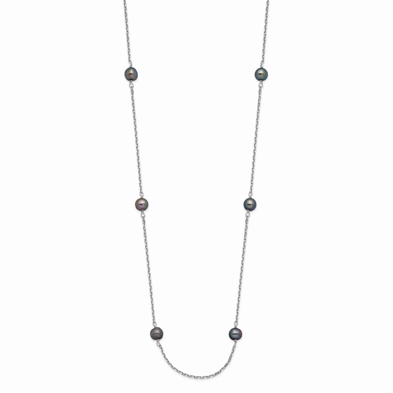 14k White Gold 4-5mm Black Near-Round Freshwater Cultured Pearl 8-Station 16 inch Necklace