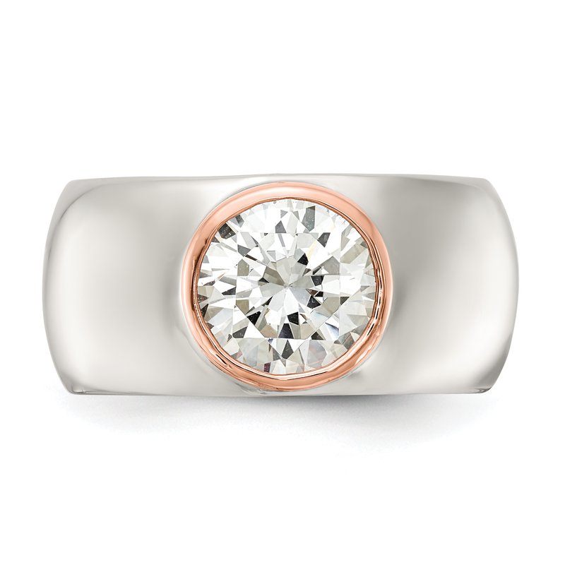 Sterling Silver Rhodium-plated and Rose Gold-plated Accent Brilliant-cut CZ Bezel Ring