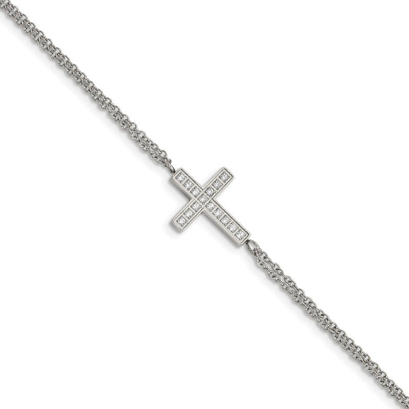 Stainless Steel Polished CZ Sideways Cross 6.25 inch Bracelet with 2 inch Extension