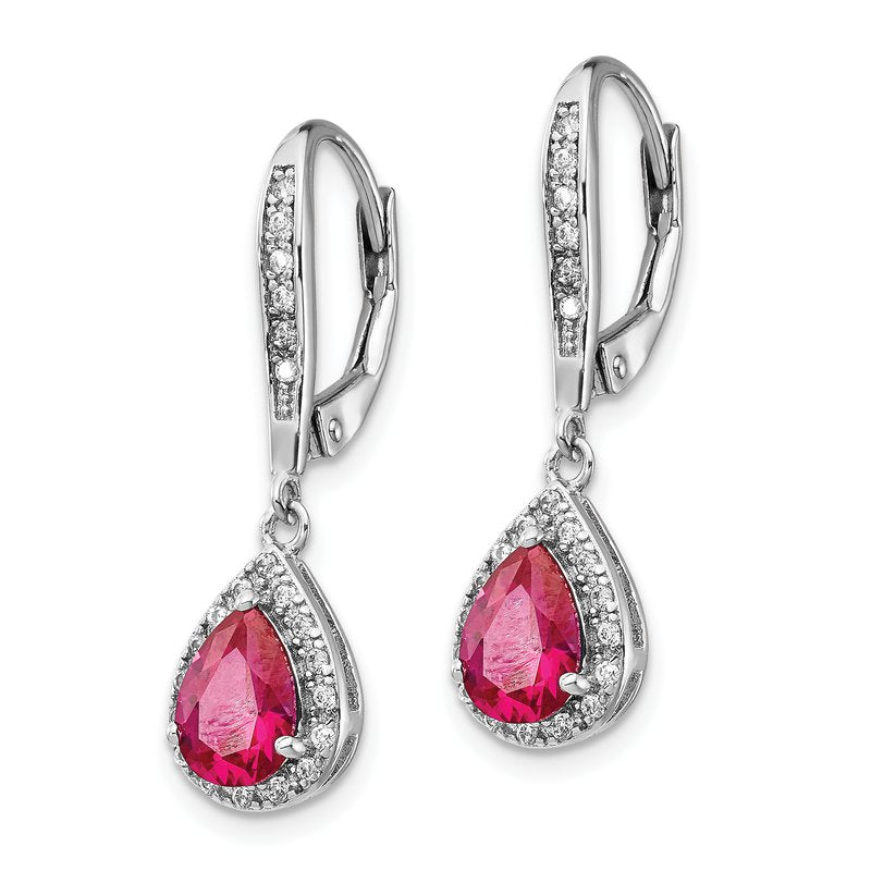 Sterling Silver Rhodium-plated Brilliant-cut Lab Created Ruby and Brilliant-cut White CZ Teardrop Leverback Dangle Earrings