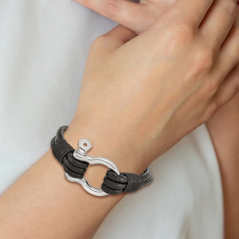 Stainless Steel Polished Shackle Multi Strand Black Leather 8.5 inch Bracelet