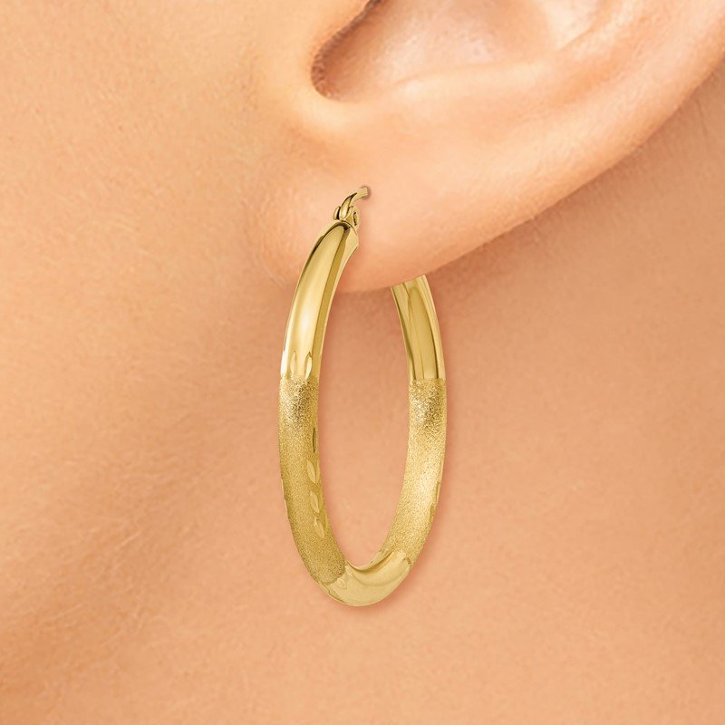 14k Satin and Diamond-cut 3mm Round Hoop Earrings
