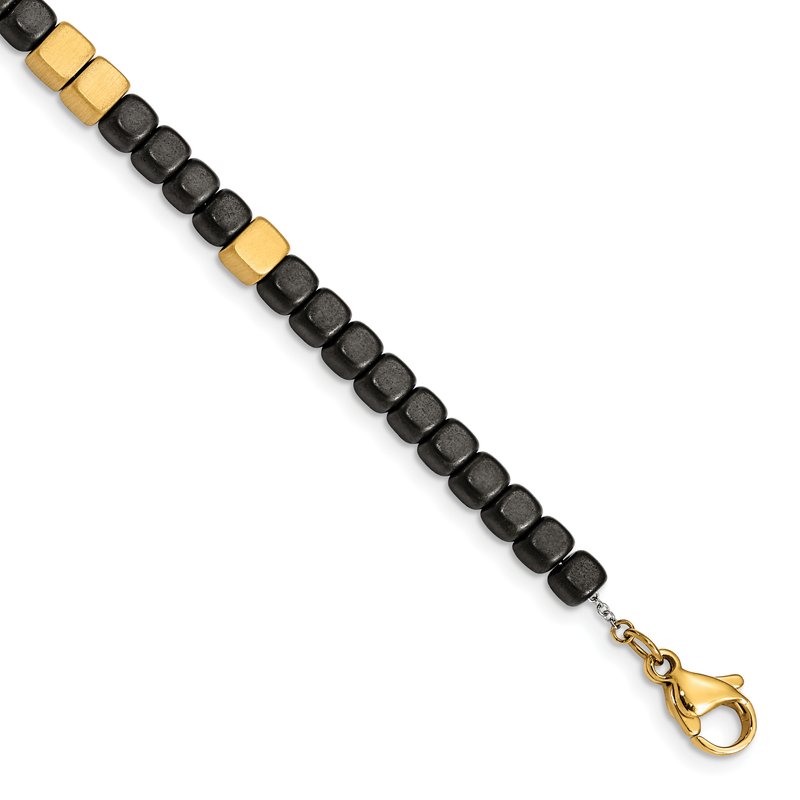 Stainless Steel Brushed Yellow IP-plated with Square Hematite Beads 7 inch Bracelet with 1.25 inch Extension