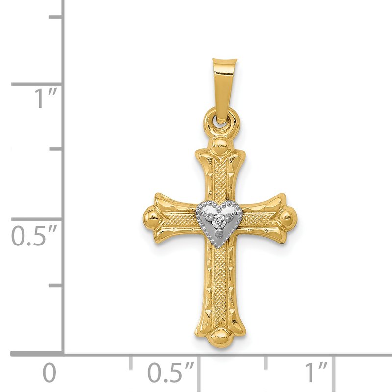 14K and White Rhodium Diamond Fleur De Lis Cross with Heart Pendant