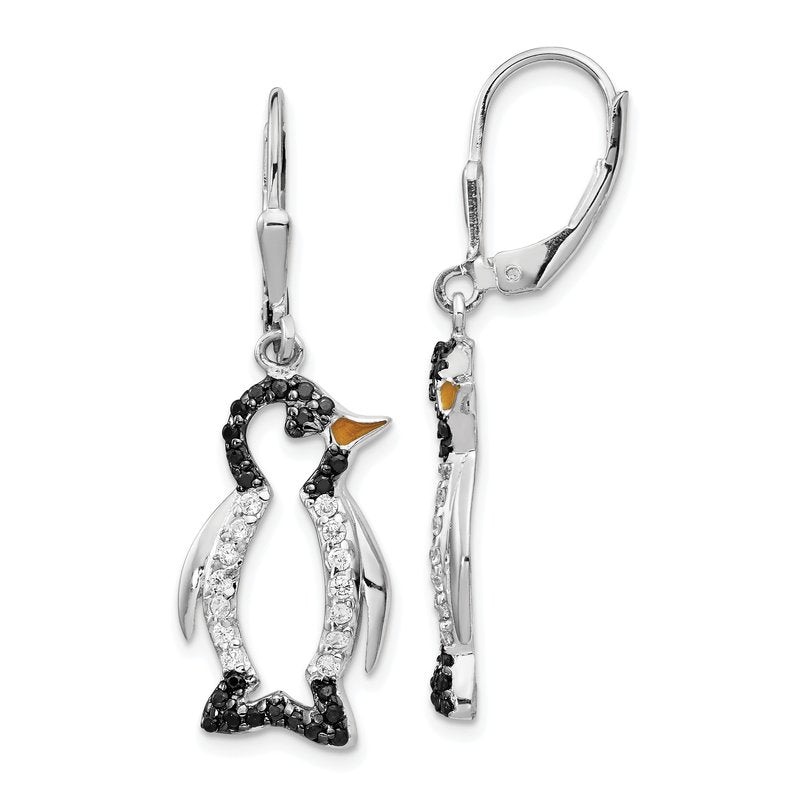Sterling Silver Rhodium-plated with Black Rhodium Accent Enameled Brilliant-cut Black and White CZ Penguin Leverback Dangle Earrings