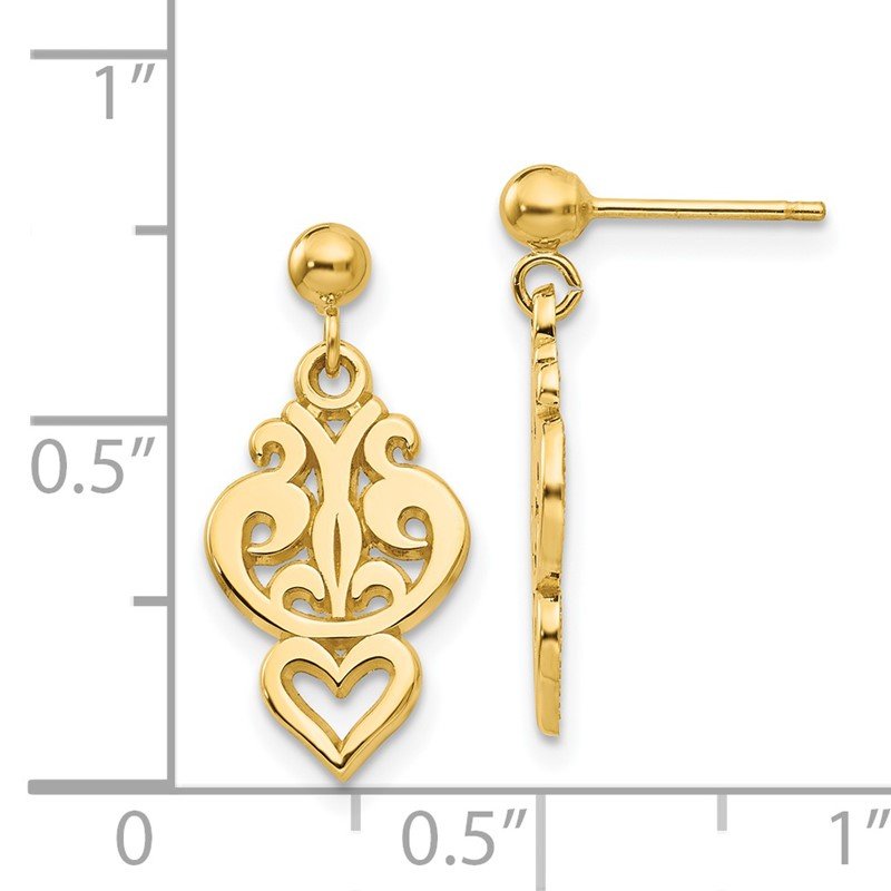 14k Polished Filigree Fancy Heart Post Dangle Earrings