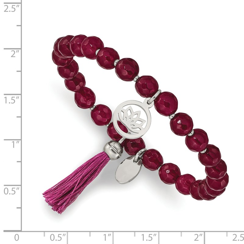 Stainless Steel Polished Lotus 6mm Pink Jade Beaded Stretch Bracelet with Tassel