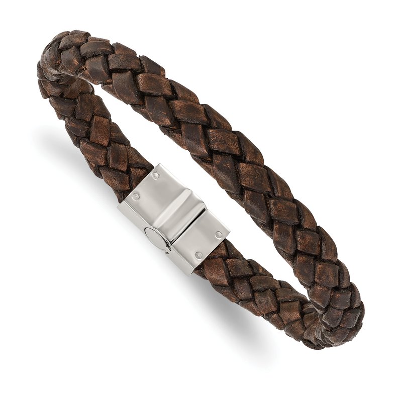 Stainless Steel Polished Brown Woven Leather 8.75 inch Bracelet