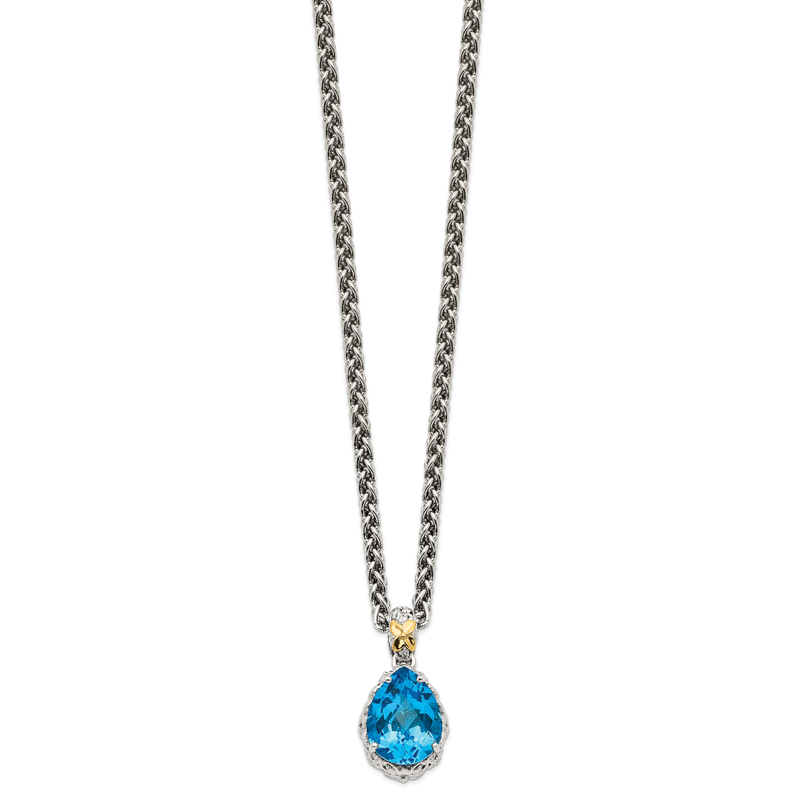 Sterling Silver Rhodium-plated with 14K Accent 18 Inch Antiqued Pear Shaped Blue Topaz Necklace