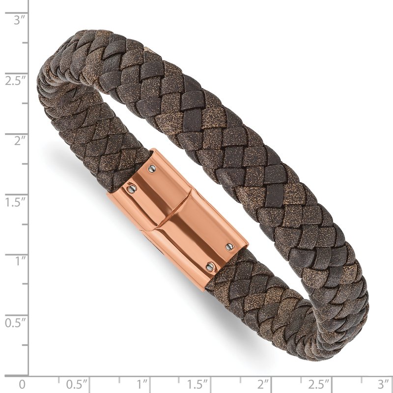 Stainless Steel Polished Rose IP-plated Brown Braided Leather 8.5 inch Bracelet