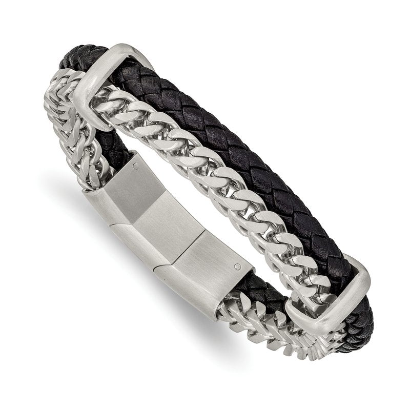Stainless Steel Brushed Chian and Black Braided Leather 8 inch Bracelet with .5 inch Extension