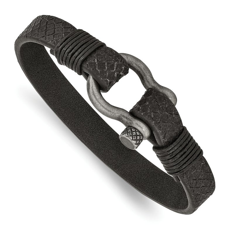 Stainless Steel Antiqued White Bronze Plated Shackle Textured Black Leather 8 inch Bracelet