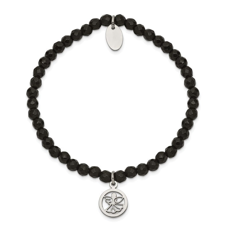 Stainless Steel Polished Angel 4mm Black Jade Beaded Stretch Bracelet