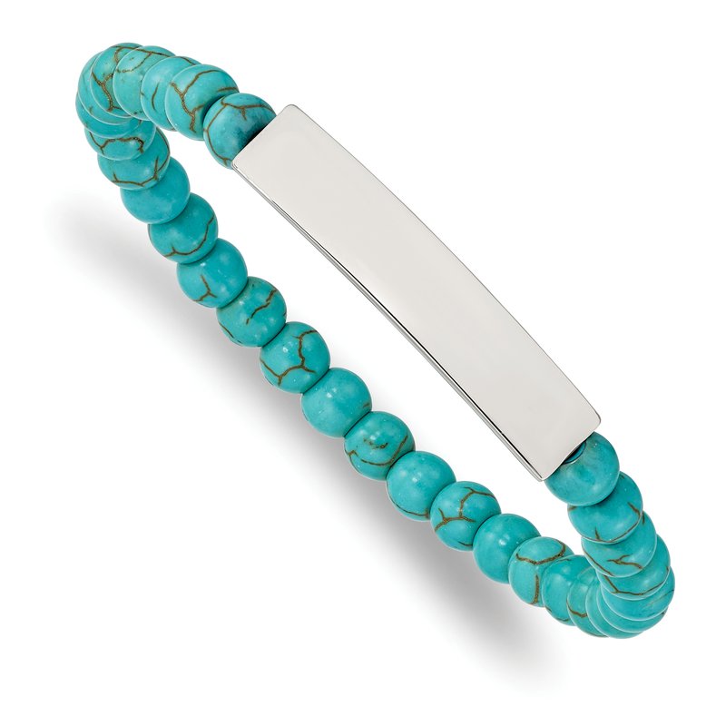 Stainless Steel Polished ID Plate 6mm Reconstructed Turquoise Beaded Stretch Bracelet
