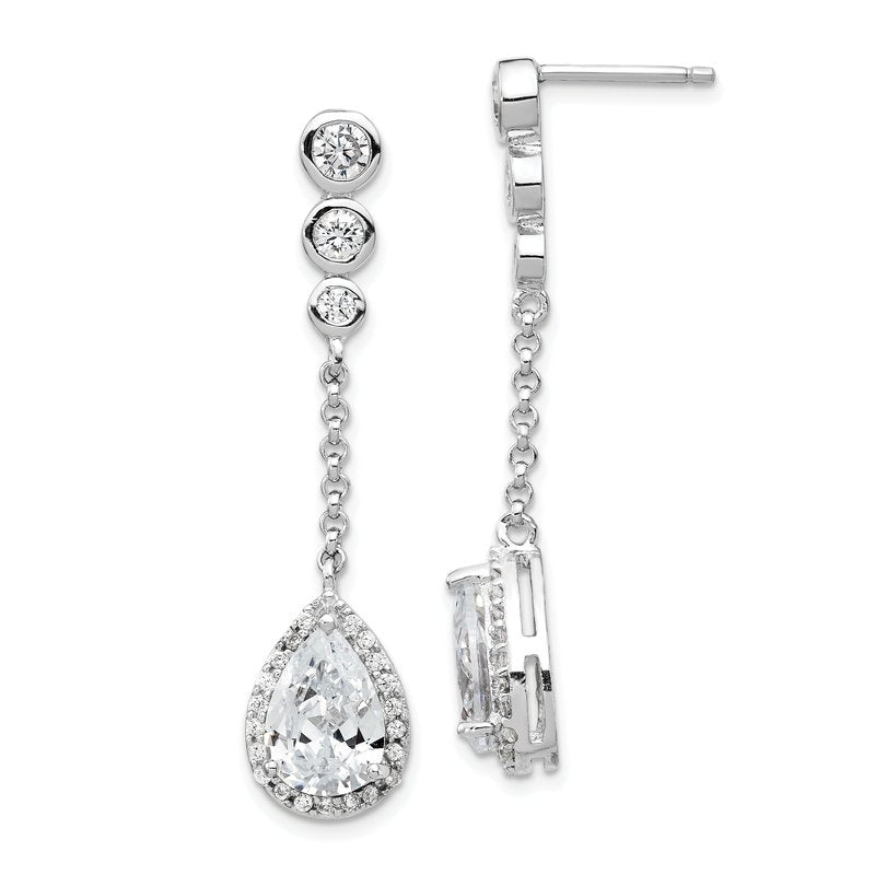 Sterling Silver Rhodium-plated Brilliant-cut CZ Bezel & Teardrop Halo Post Dangle Earrings