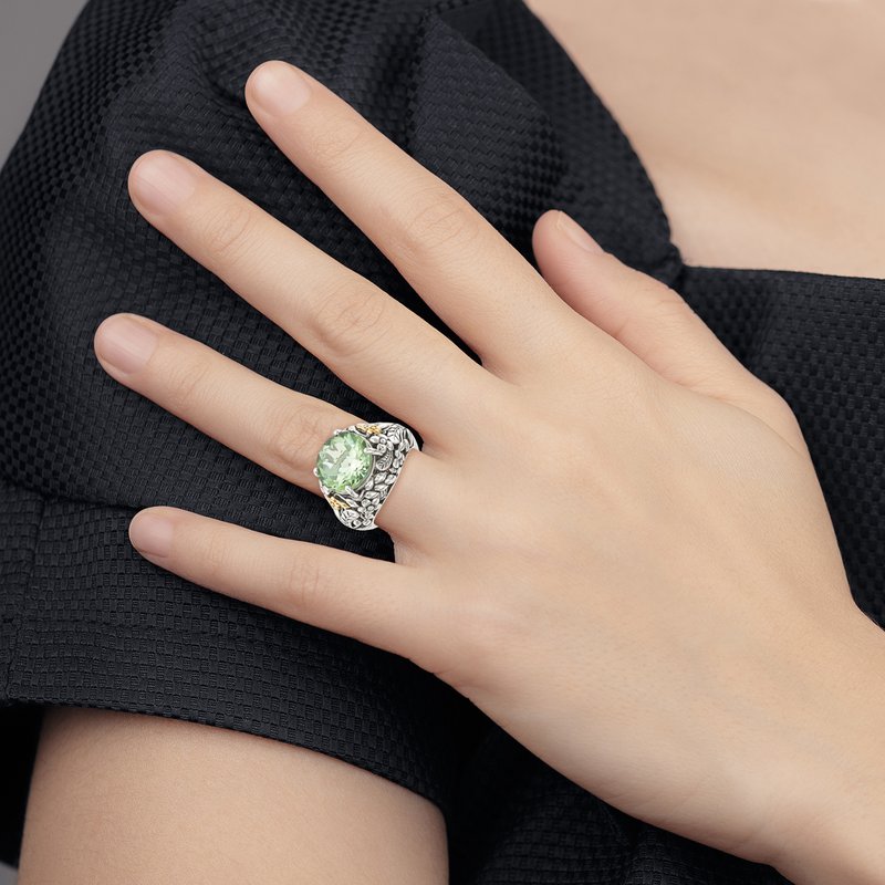Sterling Silver with 14K Accent Antiqued Round Green Quartz Ring