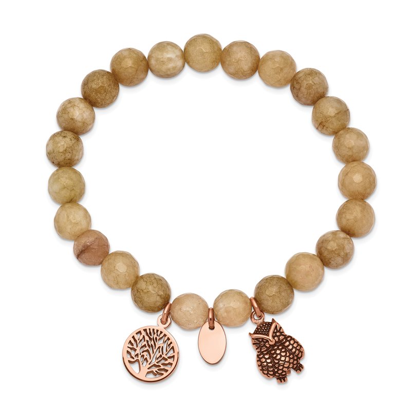 Stainless Steel Antiqued and Polished Rose IP-plated Owl and Tree of Life 8mm Taupe Dyed Jade Beaded Stretch Bracelet