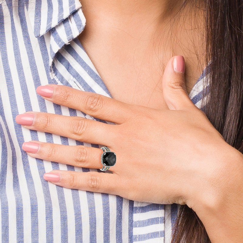 Sterling Silver with 14K Accent Antiqued Checkerboard-cut Black Onyx Ring