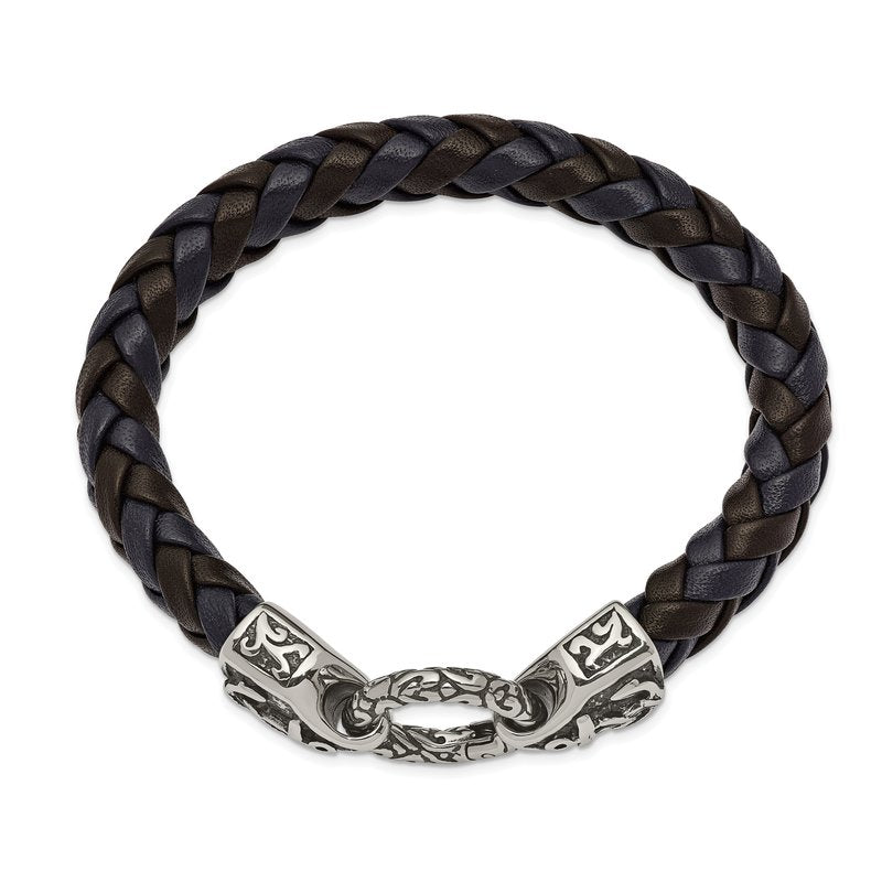 Stainless Steel Antiqued and Polished Black and Blue Braided Leather 8.25 inch Bracelet