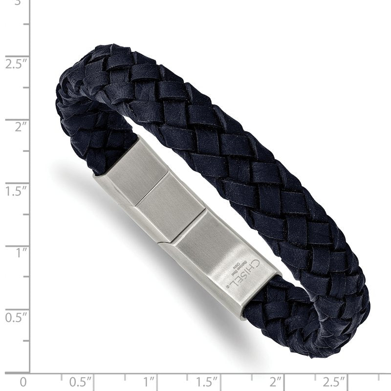 Stainless Steel Brushed Navy Blue Braided Leather 8.25 inch Bracelet with .5 inch Extension