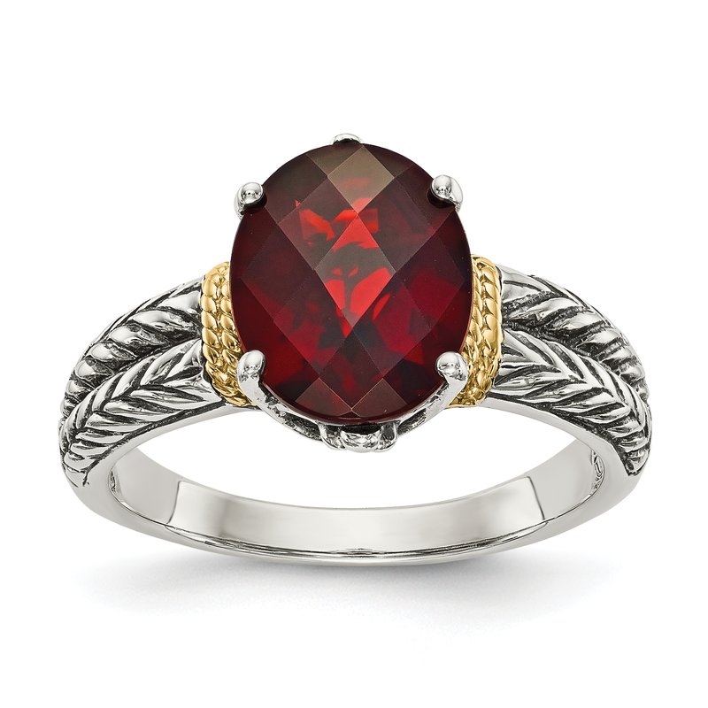 Sterling Silver with 14K Accent Antiqued Oval Garnet Ring