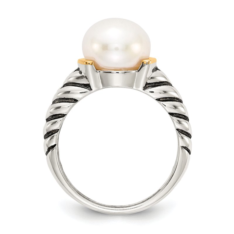 Sterling Silver with 14K Accent Antiqued 10mm Button Freshwater Cultured Pearl Ring