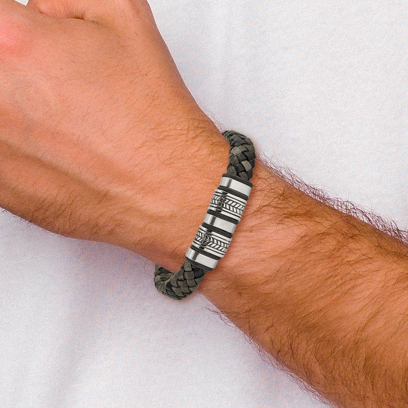 Stainless Steel Antiqued Brushed and Polished Braided Black Leather with Silicone 8.25 inch Bracelet