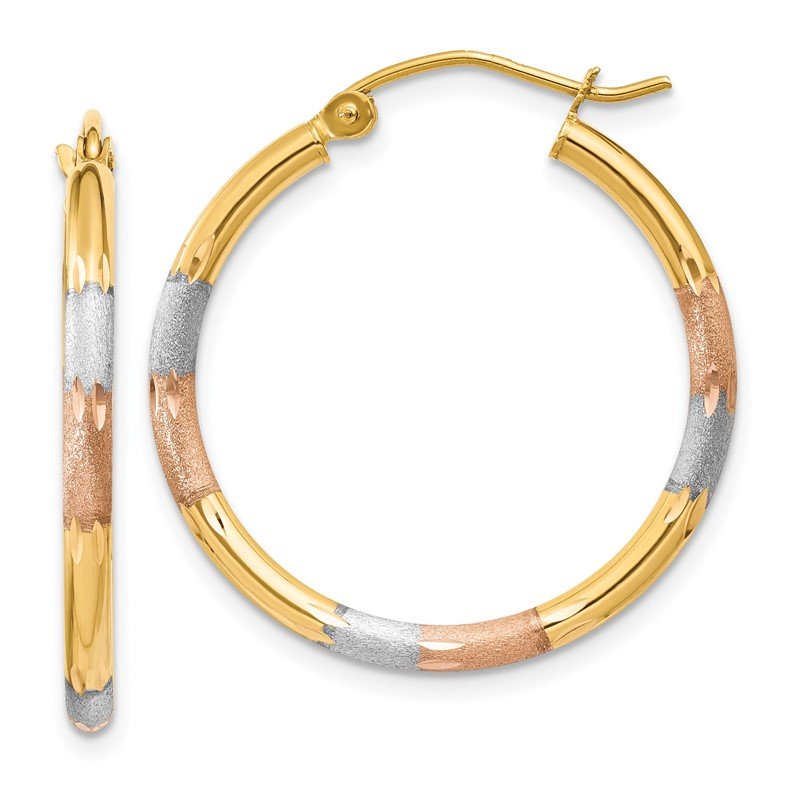 14K w/White and Rose Rhodium 2mm Satin &amp; D/C Hoop Earrings