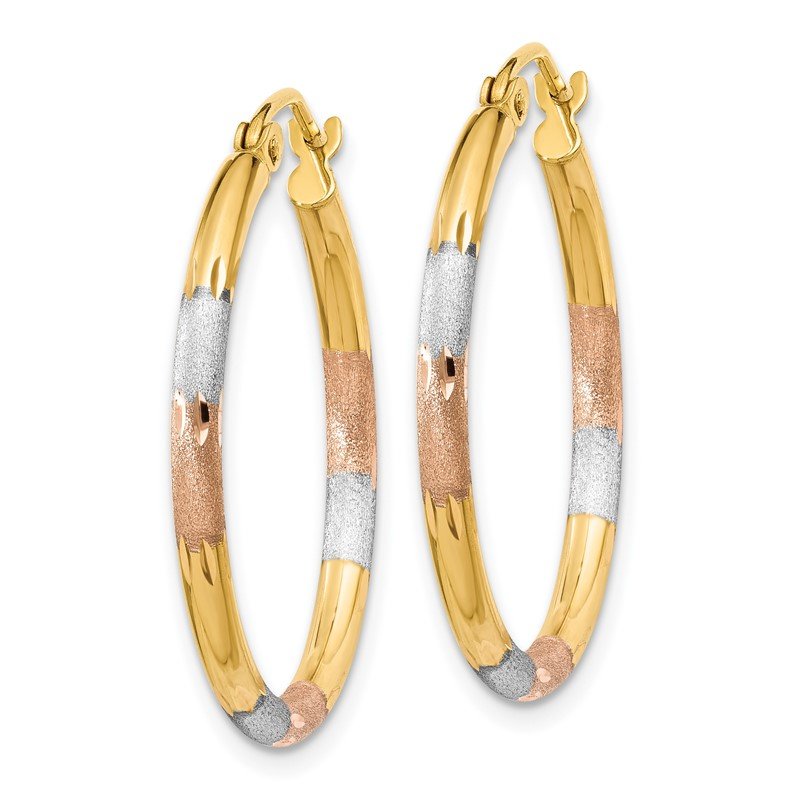 14K w/White and Rose Rhodium 2mm Satin & D/C Hoop Earrings