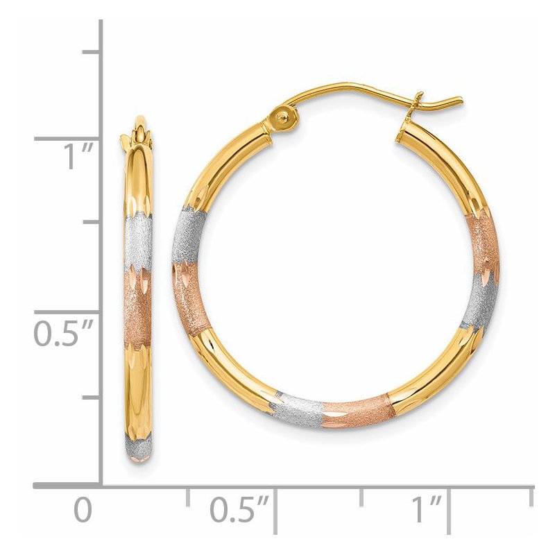 14K w/White and Rose Rhodium 2mm Satin &amp; D/C Hoop Earrings