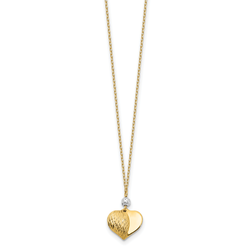 14K Two Tone Polished Diamond-cut Puffed Heart and Bead Pendant 18 inch Necklace
