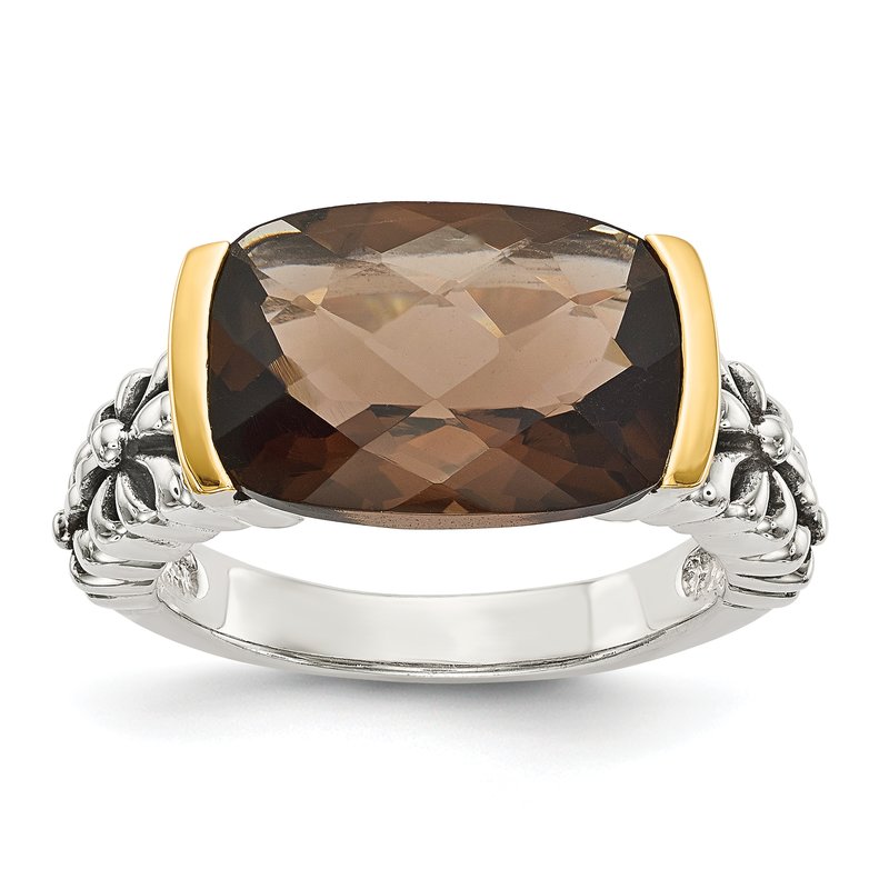 Sterling Silver with 14K Accent Antiqued Cushion Checkerboard Smoky Quartz Ring