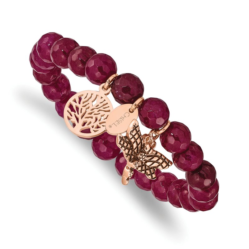 Stainless Steel Antiqued and Polished Rose IP-plated Dragonfly and Tree of Life 8mm Pink Dyed Jade Beaded Stretch Bracelet