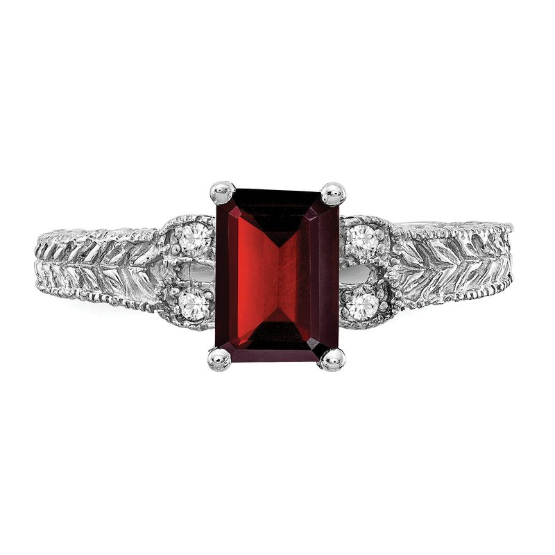 14k White Gold 7x5mm Garnet & AA Diamond Ring