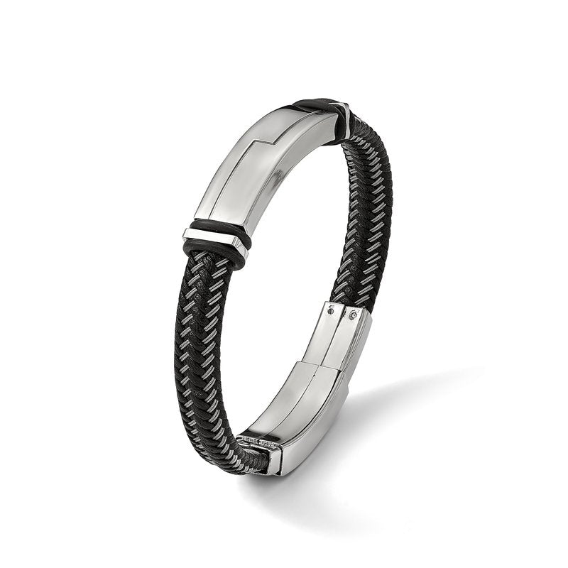 Stainless Steel Polished Braided Wire and Black Leather with Rubber Adjustable 8.25 to 8.75 inch ID Bracelet