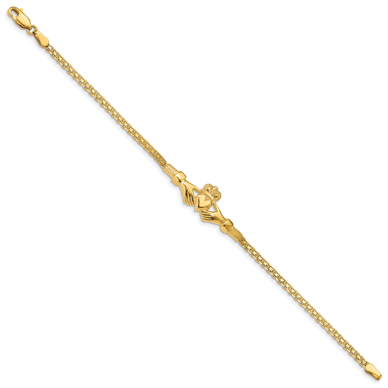 14K Polished Claddagh and Bismark Chain 7 inch Bracelet