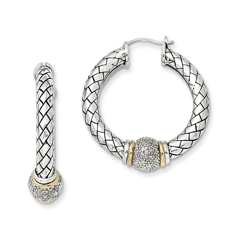 Sterling Silver with 14K Accent Antiqued Diamond Hoop Earrings