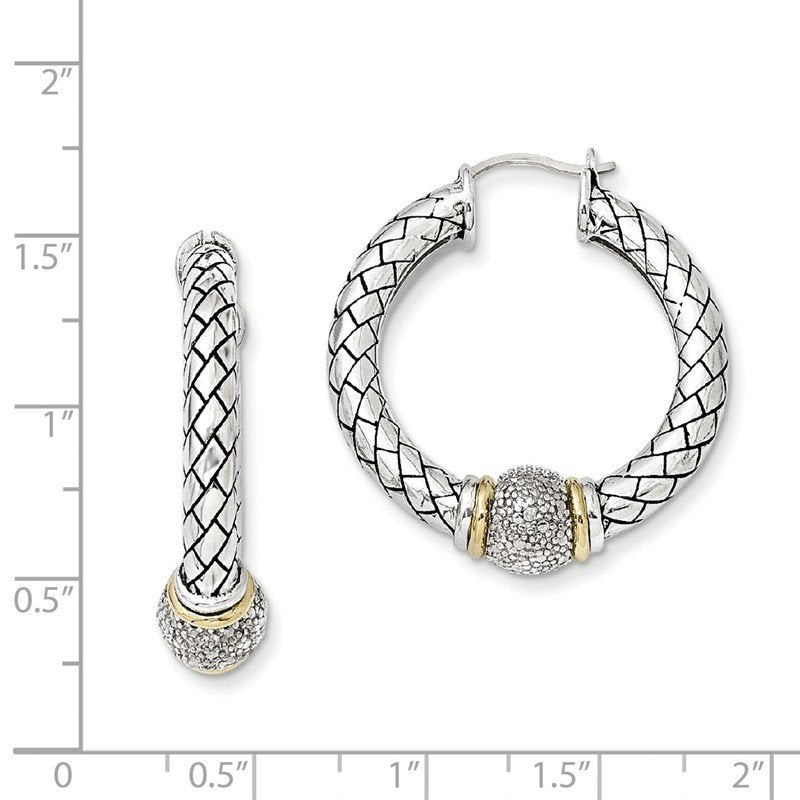 Sterling Silver with 14K Accent Antiqued Diamond Hoop Earrings