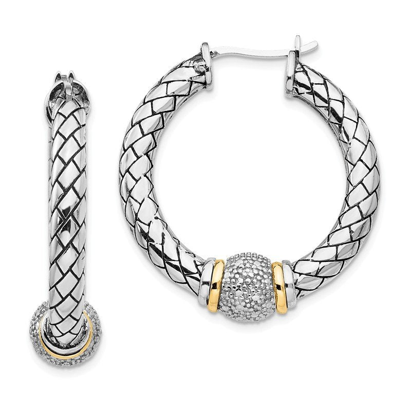 Sterling Silver with 14K Accent Antiqued Diamond Hoop Earrings